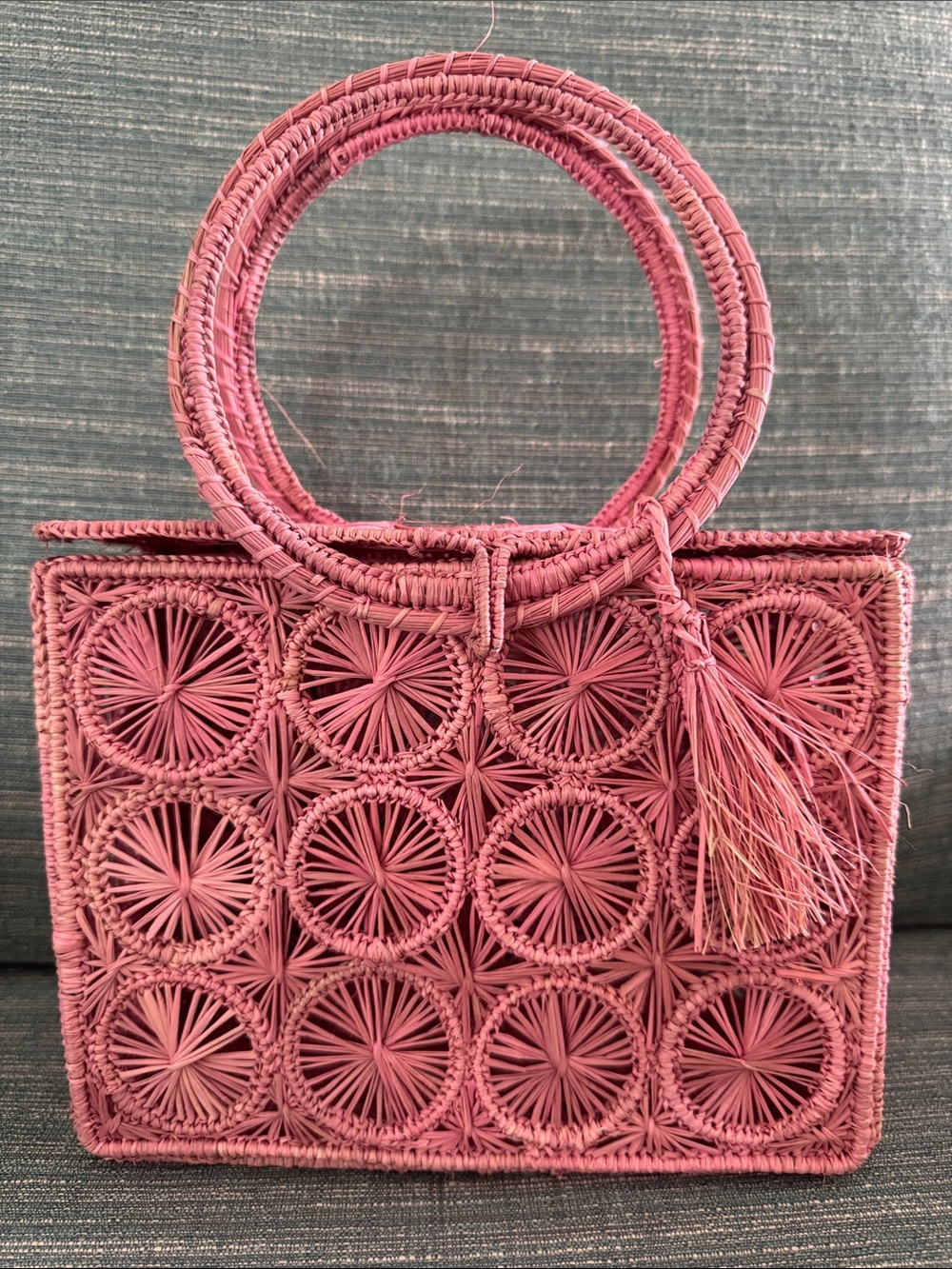 Handwoven Circular Motif Tote in Dusty Rose